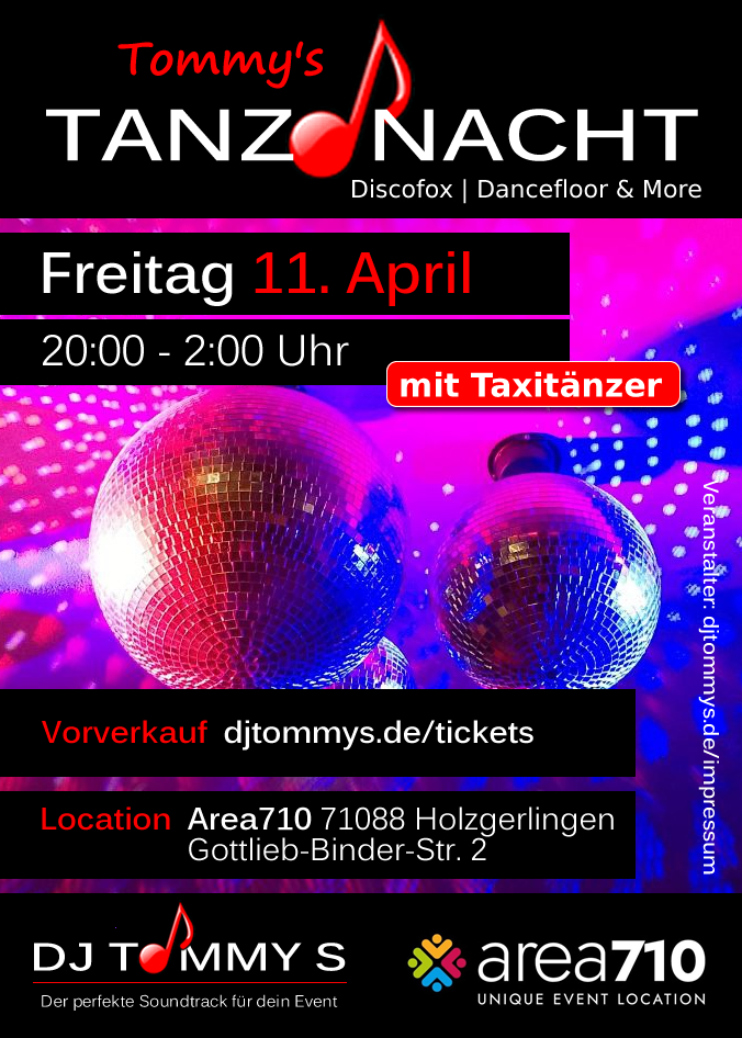 Tommys Tanznacht Flyer Area710 April 2025