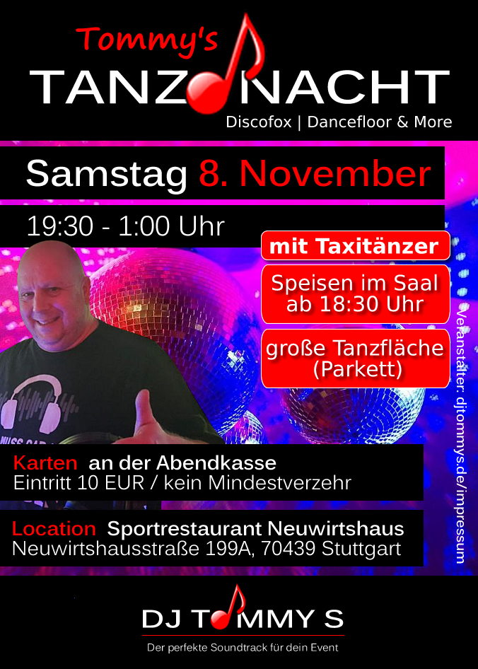 Tommys Tanznacht Flyer Neuwirtshaus 08_Nov_2025 Tommy's Tanznacht Stuttgart Sportrestaurant Neuwirtshaus am 8. November 2025